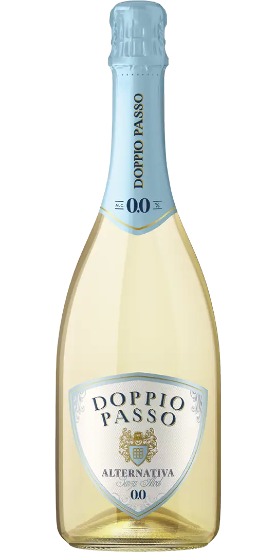 doppio_passo Klare Flasche Doppio Passo Alternativa 0,0 alkoholfreier Schaumwein mit hellblauem Etikett und Folie am Hals.