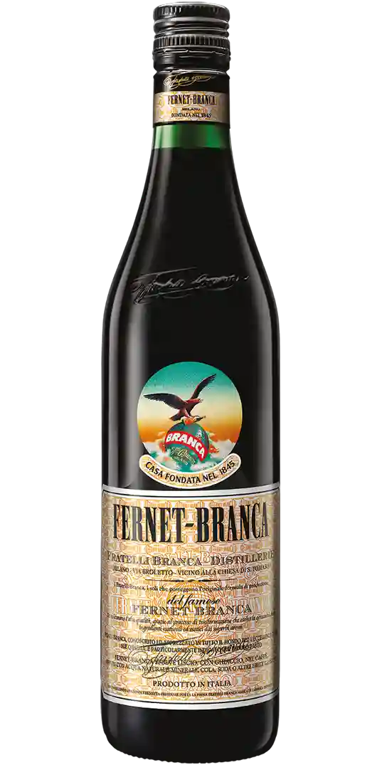 fernet-branca Eine Flasche Fernet-Branca Amaro-Likör mit schwarzem Etikett mit fliegendem Adler und goldenen Verzierungen.