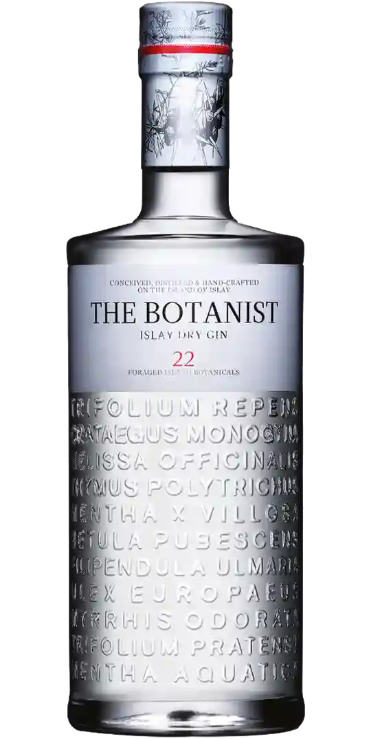 the-botanist Eine Klarglasflasche von The Botanist Islay Dry Gin mit einem silbernen Verschluss und eingeprägten botanischen Namen, die die untere Hälfte der Flasche bedecken.